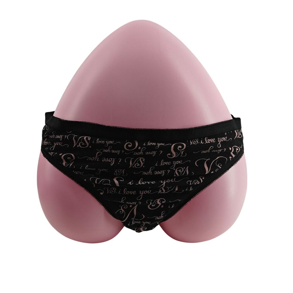 Victoria Secret Black Pink I Love You Cotton Thong Panty Womens Large